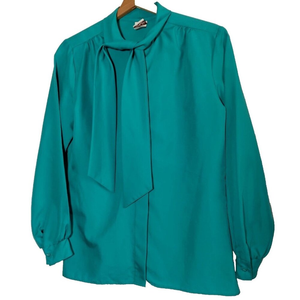 Classic Fashions Blouse Women Size 8 Teal Tie Neck Long Sleeve Button Up